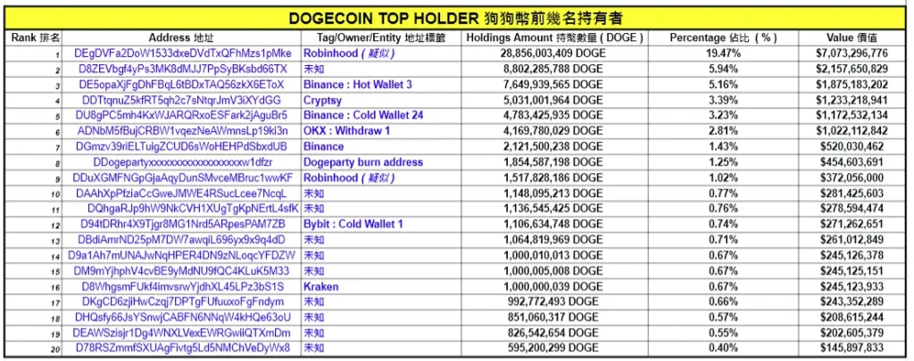 狗狗幣前 20 大持有者完整分析