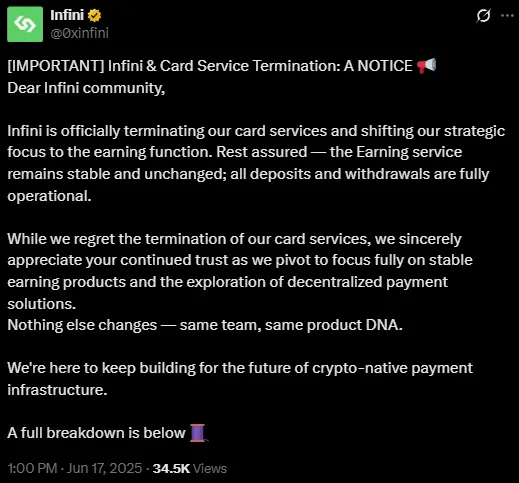 Infini 停止所有 Infini Card 相關業務