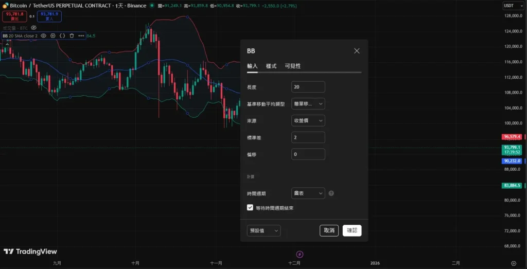 布林通道參數設定教學|公式與不同市場的調整方式! TV布林通道設定圖