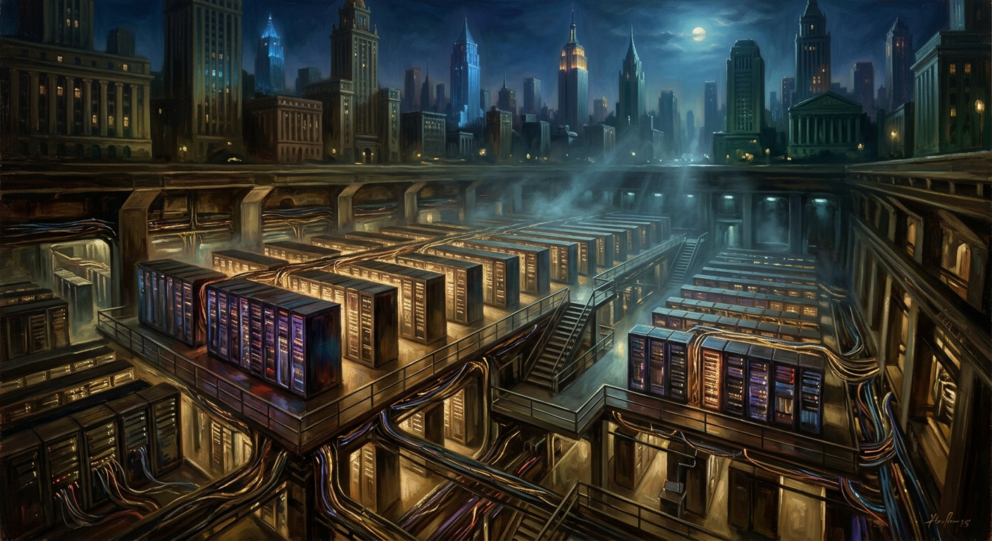 亞力 (1514) 做什麼?重電穩健推手解密台積電AI強韌電網成長引擎 AI資料中心示意插畫 龐大伺服器與光纖線路下的科技光芒