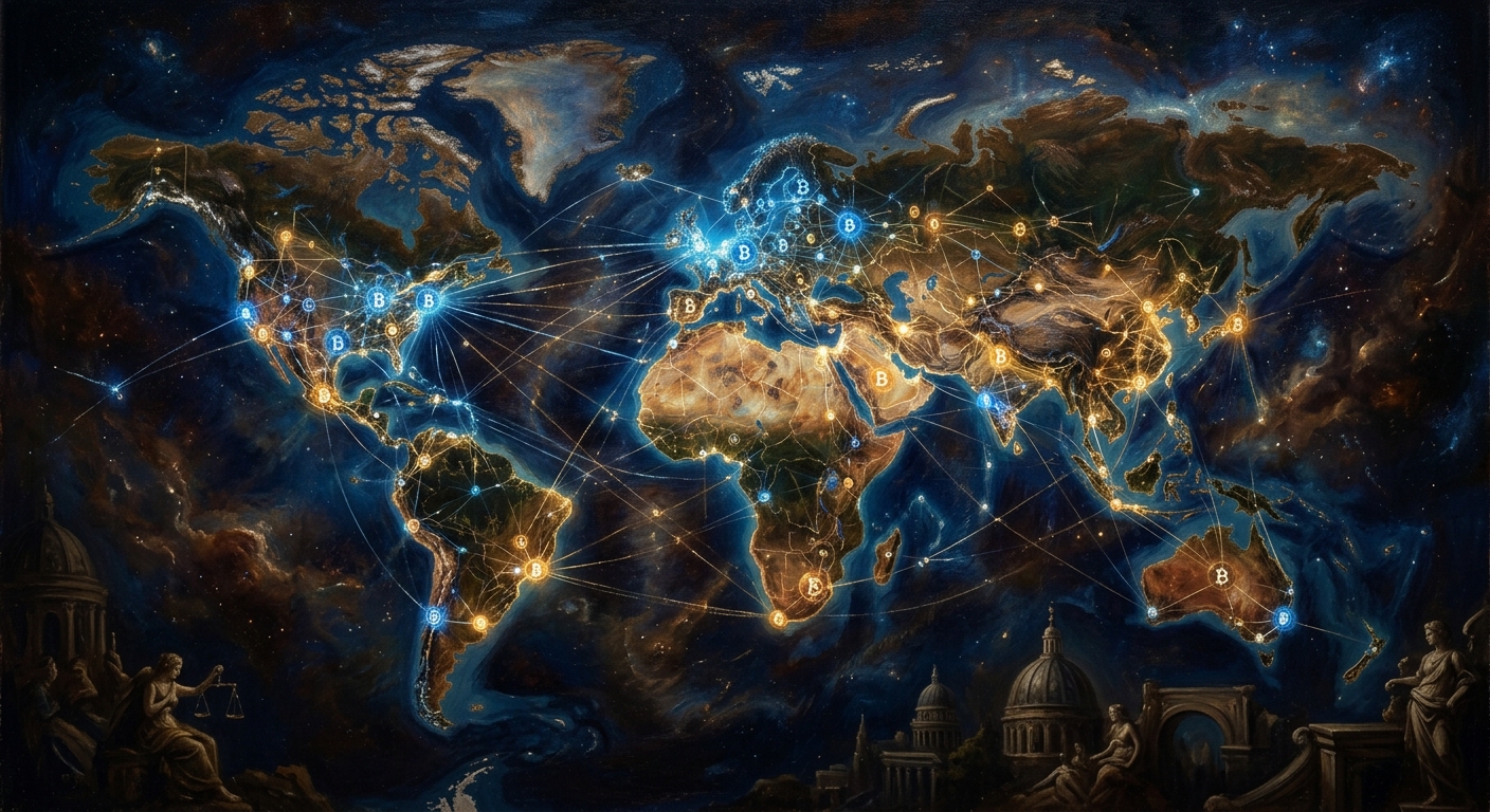 比特幣是什麼?去中心化貨幣的革命、投資風險與台灣法規詳解 比特幣去中心化網絡的插畫描繪