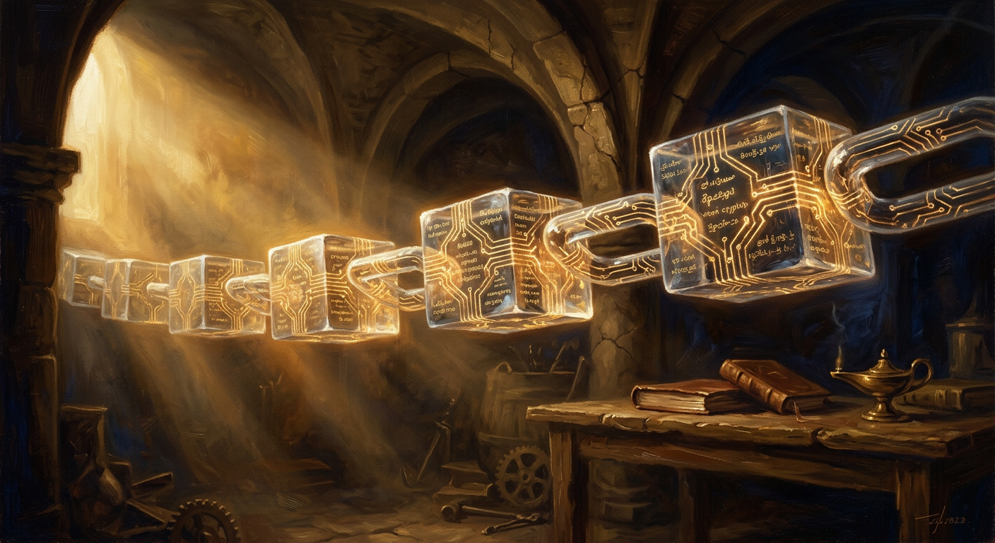 比特幣是什麼?去中心化貨幣的革命、投資風險與台灣法規詳解 區塊鏈技術的插畫解析