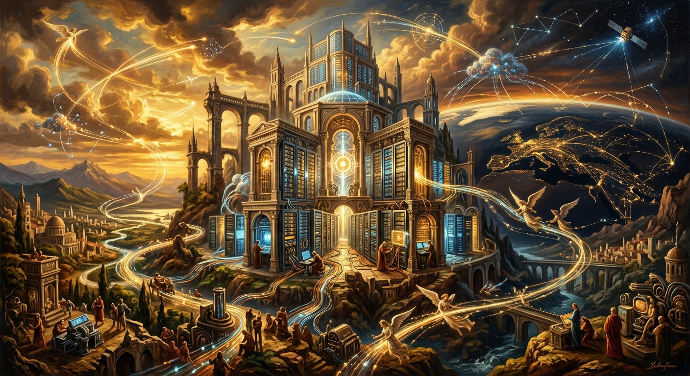 ORCL美股做什麼?深入解析甲骨文資料庫雲端軟體帝國 甲骨文雲端服務插畫展示其在全球的連接性和先進技術