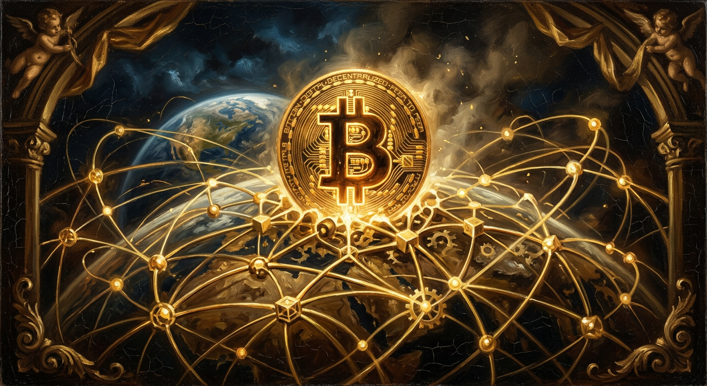 比特幣是什麼 深入解析去中心化金融、區塊鏈技術與投資價值 比特幣作為去中心化金融的起源,以發光符號與全球網絡為意象