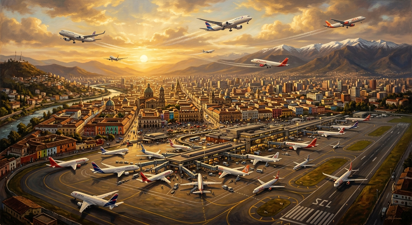 LTM美股做什麼?深入解析財務指標、航空股與AI長時記憶的多元應用 南美航空的全球航線網絡圖,以插畫風格描繪了飛機劃破天際、飛往不同城市,展現其市場領導地位與地理覆蓋