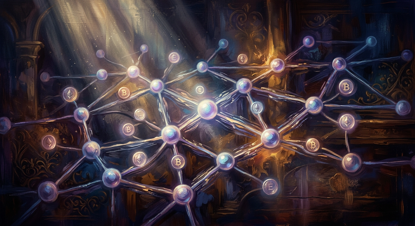 比特幣去中心化網絡的抽象數位插畫，由相互連接的光點組成