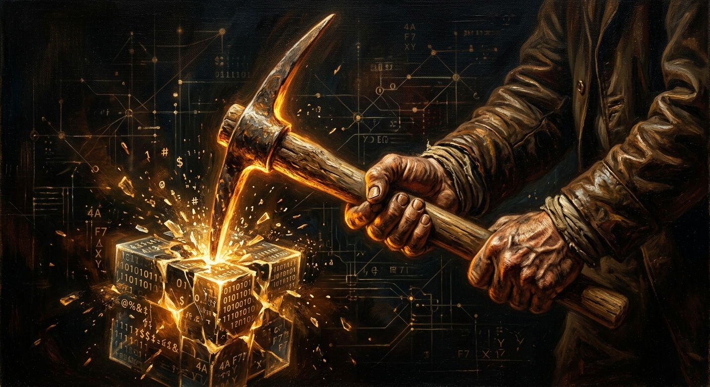 比特幣是什麼?深入解析去中心化、區塊鏈與投資價值 礦工之手持有發光的採礦工具,正從由數字和符號組成的數位區塊中挖掘