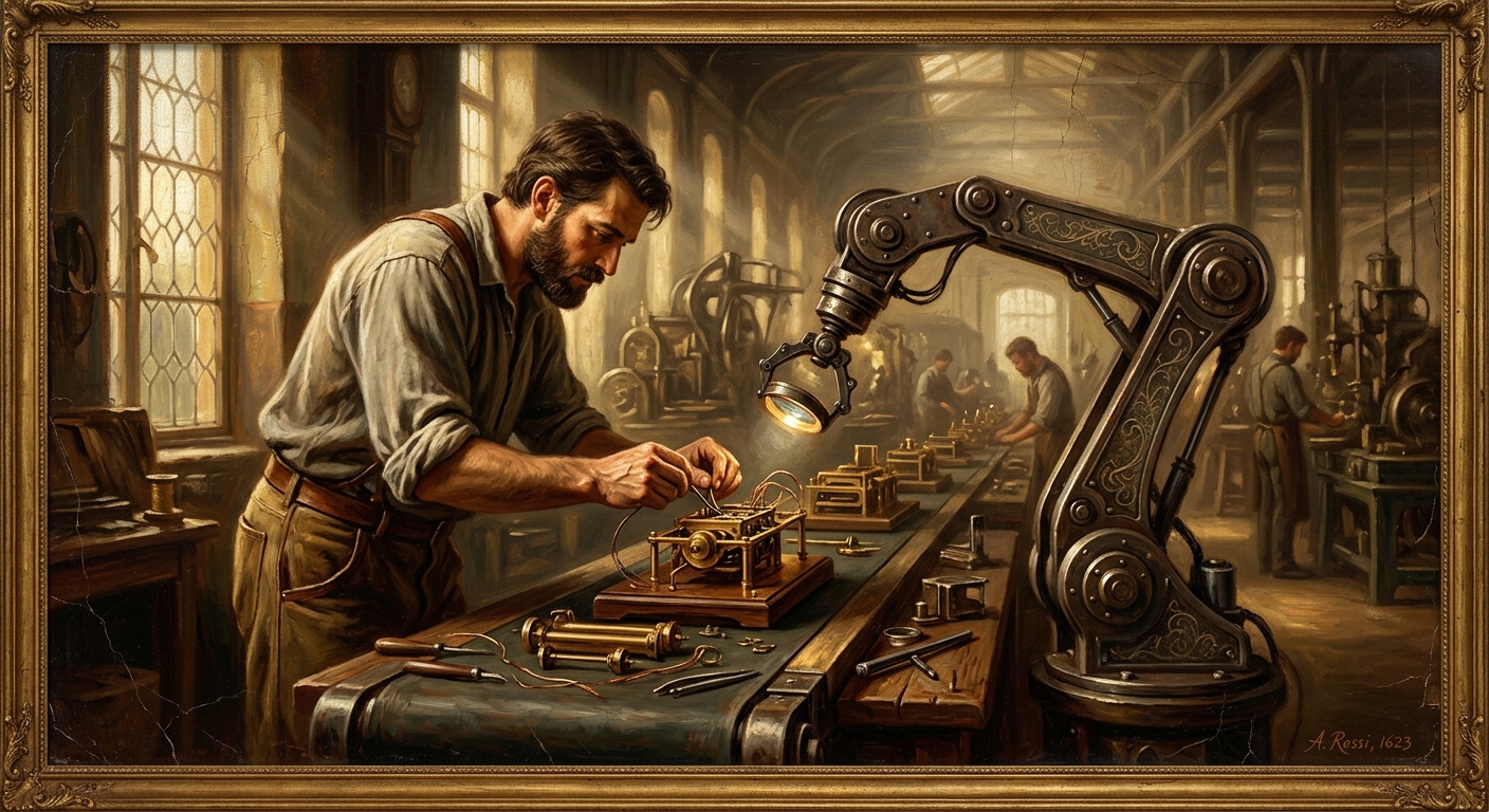 廣明(6188)做什麼?從光碟機製造轉型AI機器人與SSD的關鍵角色 協作型機器人與人類員工在現代化生產線上協同作業的插畫