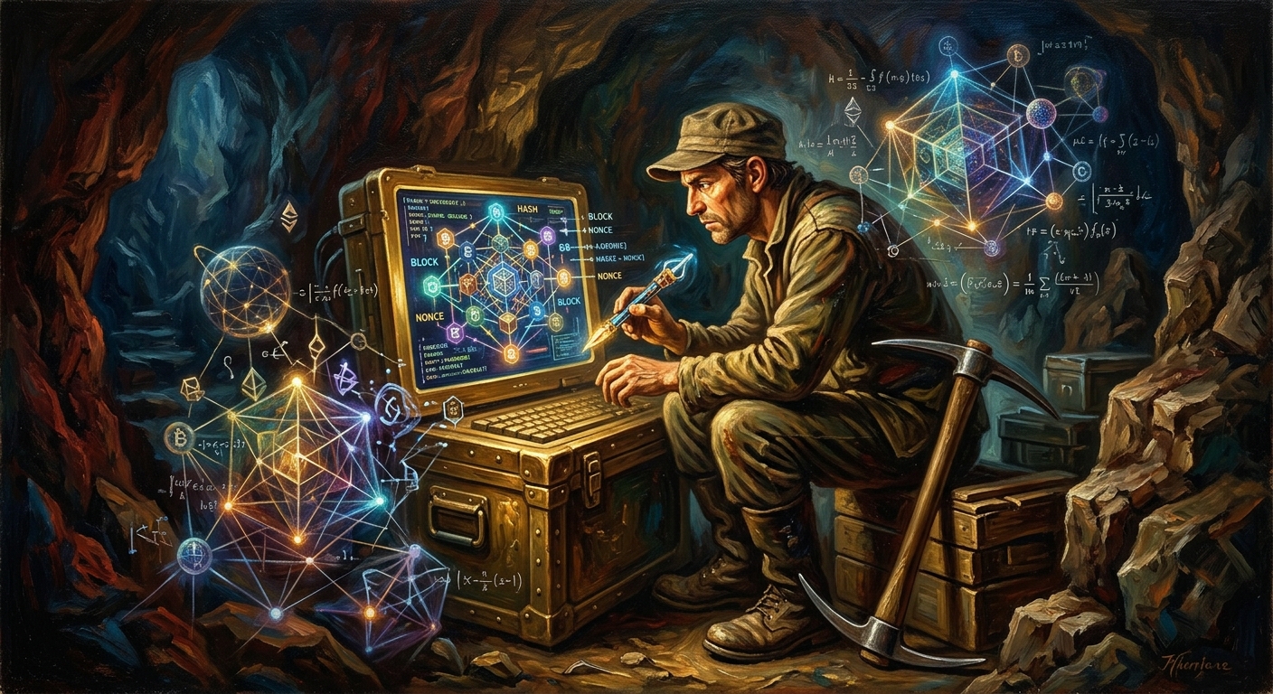 比特幣價值解析:從數位黃金到投資前景與台灣市場攻略 比特幣挖礦機制以工作量證明原理解謎創新的插畫