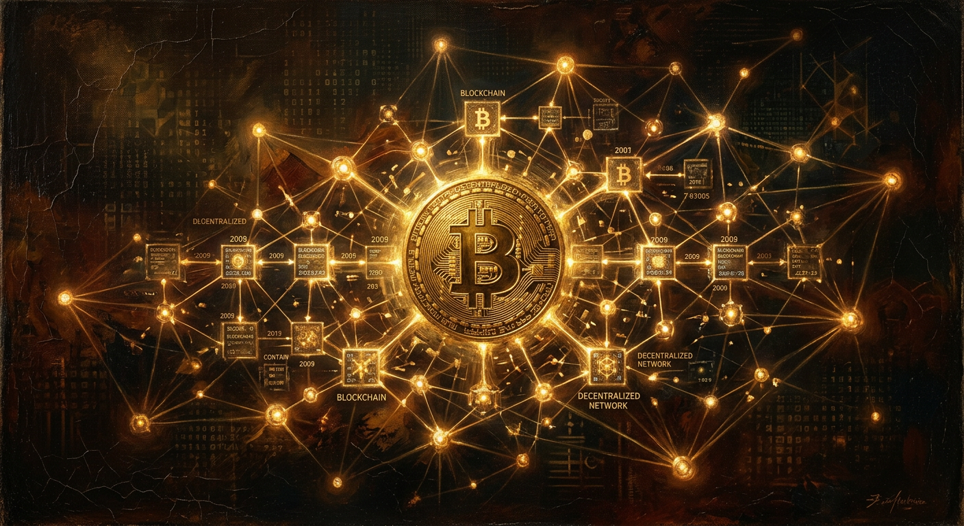 比特幣是什麼?定義、運作、價值與台灣購買指南 比特幣與區塊鏈的去中心化網絡概念圖,視覺化其技術基礎