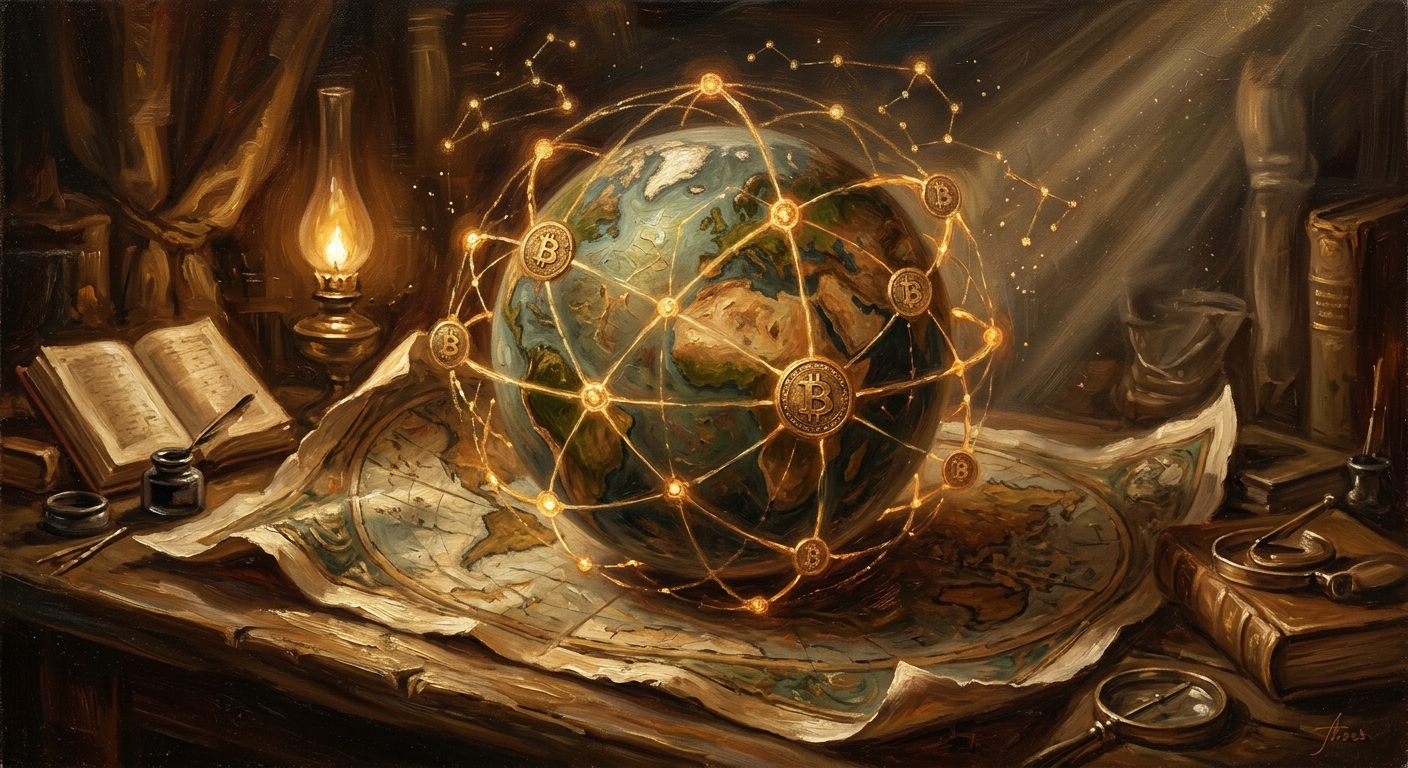 什麼是比特幣?定義、運作、挖礦與價值來源全解析 比特幣 Bitcoin 的去中心化網路概念插畫