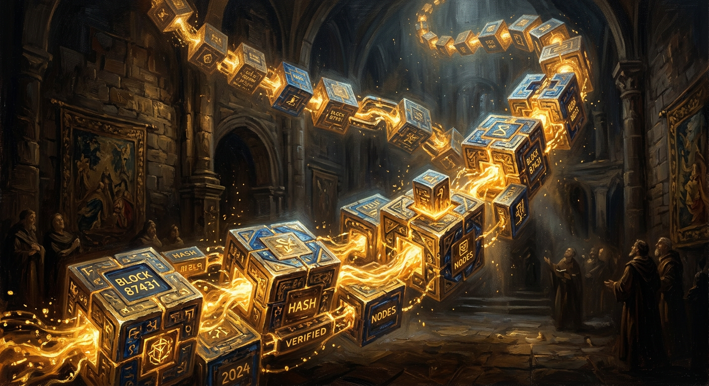 什麼是比特幣?定義、運作、挖礦與價值來源全解析 區塊鏈技術的抽象區塊鏈串聯意象