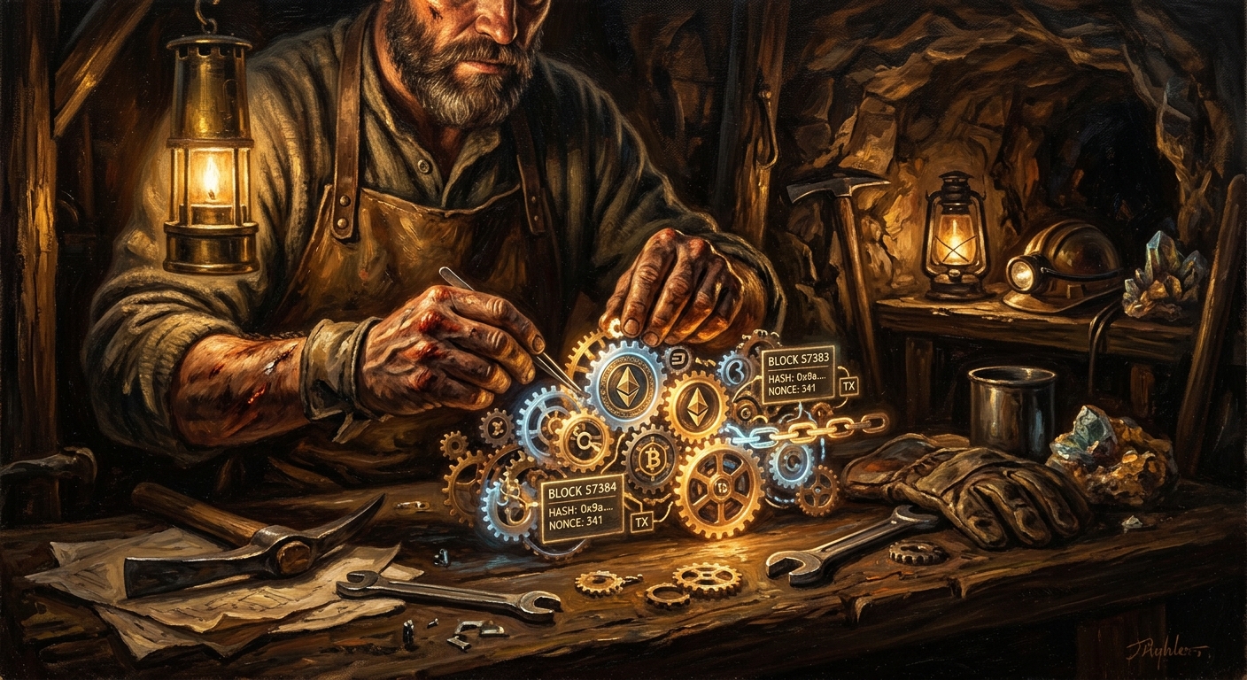 比特幣是什麼?深入解析數位黃金的起源、運作與投資潛力 區塊鏈的運作機制與挖礦過程的插畫