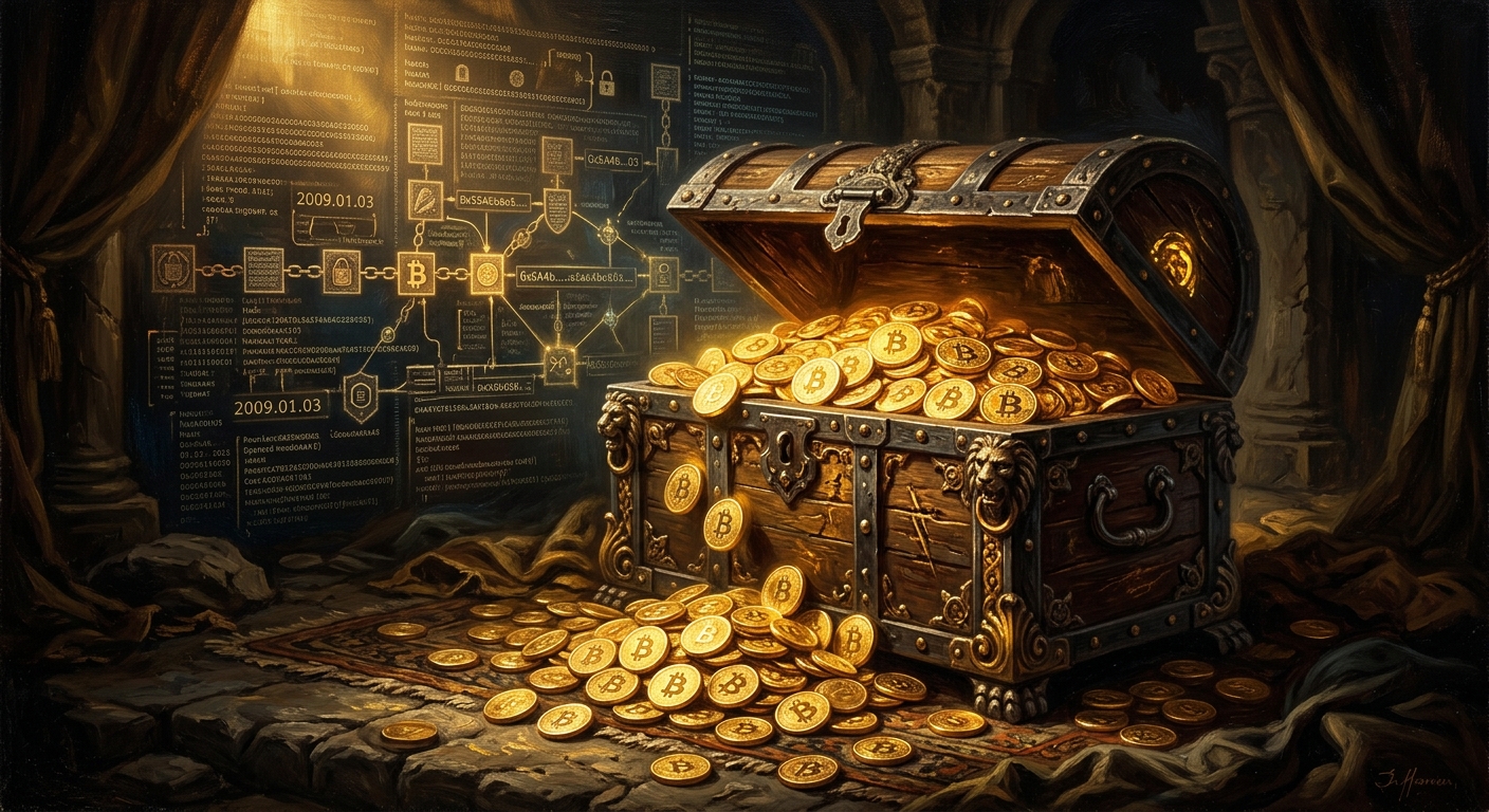 比特幣是什麼?深入解析去中心化數位貨幣的起源、運作與價值 寶箱中裝滿比特幣,後方是記錄交易的區塊鏈