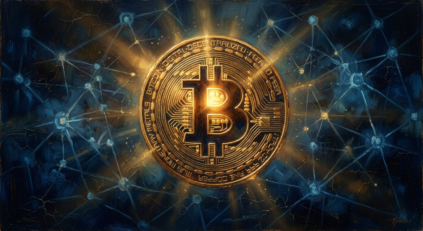 比特幣是什麼?深入解析 2024 年數位黃金價值與挖礦指南 比特幣 Bitcoin BTC 的數位化象徵與去中心化網路的插畫