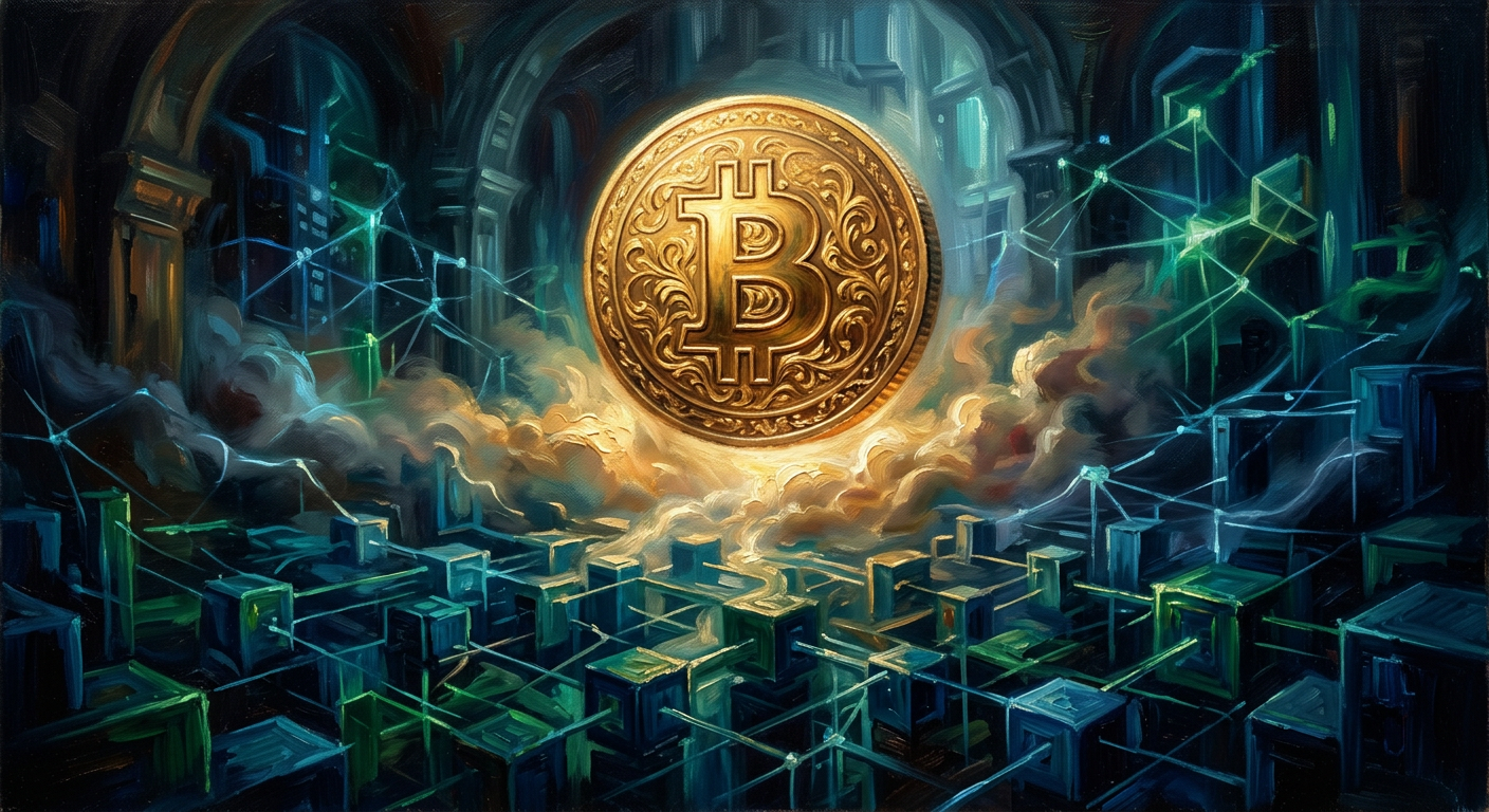 比特幣是什麼?一分鐘搞懂數位現金、區塊鏈與挖礦原理 比特幣是什麼數位現金的抽象插畫,展示了比特幣與區塊鏈的連結
