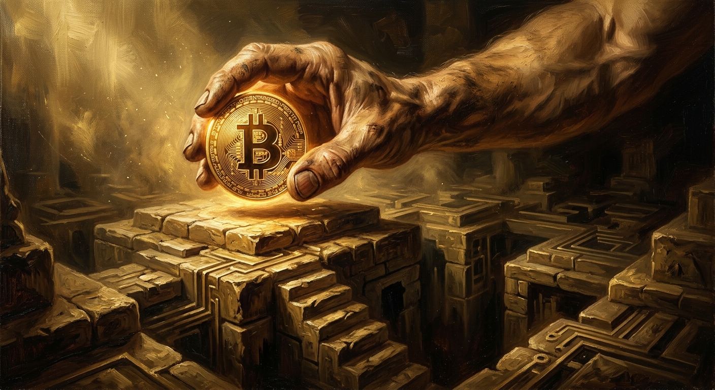 比特幣是什麼?一次搞懂加密貨幣的起點、運作與資產安全 比特幣挖礦如何運作與區塊鏈技術結構插畫