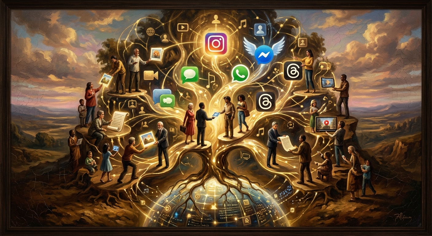 META美股做什麼?從社群霸主到元宇宙先驅的變革之路 Meta旗下社群應用程式如Instagram WhatsApp Messenger Threads組成的數位生態系插畫