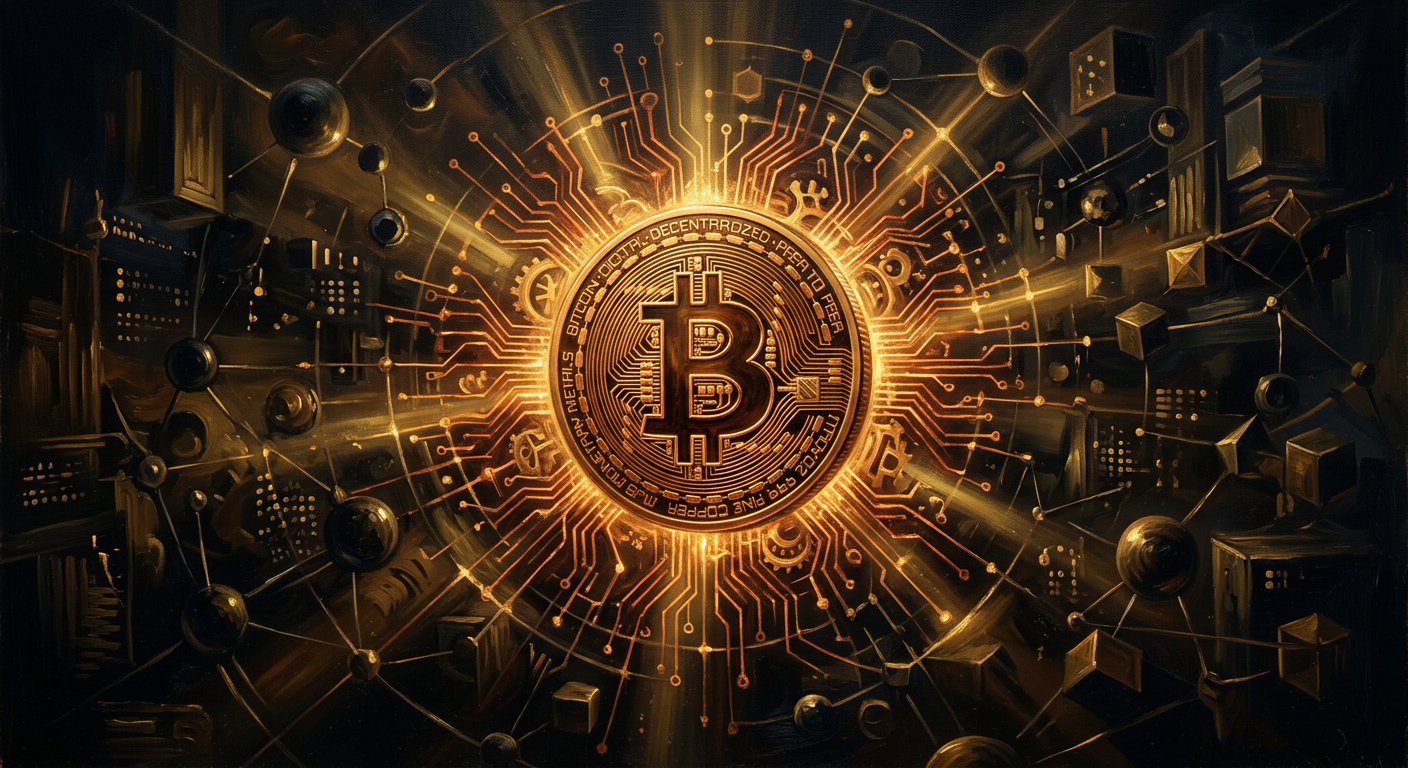 比特幣是什麼?深入解析區塊鏈、挖礦與投資價值 比特幣是什麼比特幣的起源區塊鏈技術與去中心化願景的插畫