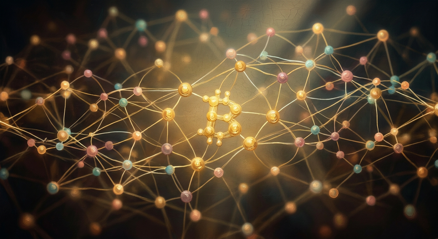 比特幣是什麼?解讀去中心化、區塊鏈、挖礦與減半經濟模型 比特幣去中心化網路的插畫描繪