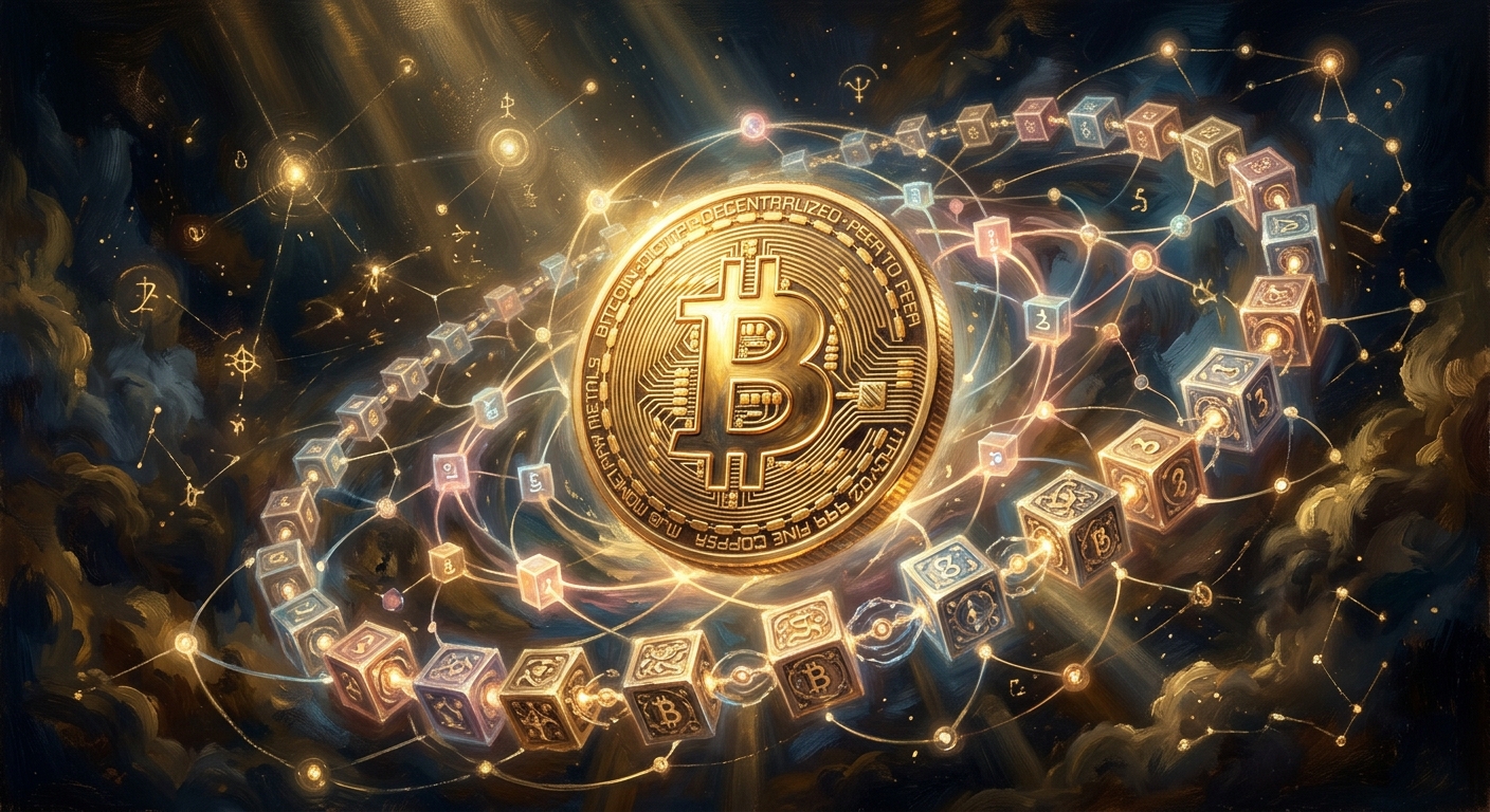 比特幣是什麼?從起源、運作到投資台灣全解析 比特幣是什麼數位貨幣的插畫描繪去中心化與區塊鏈網絡