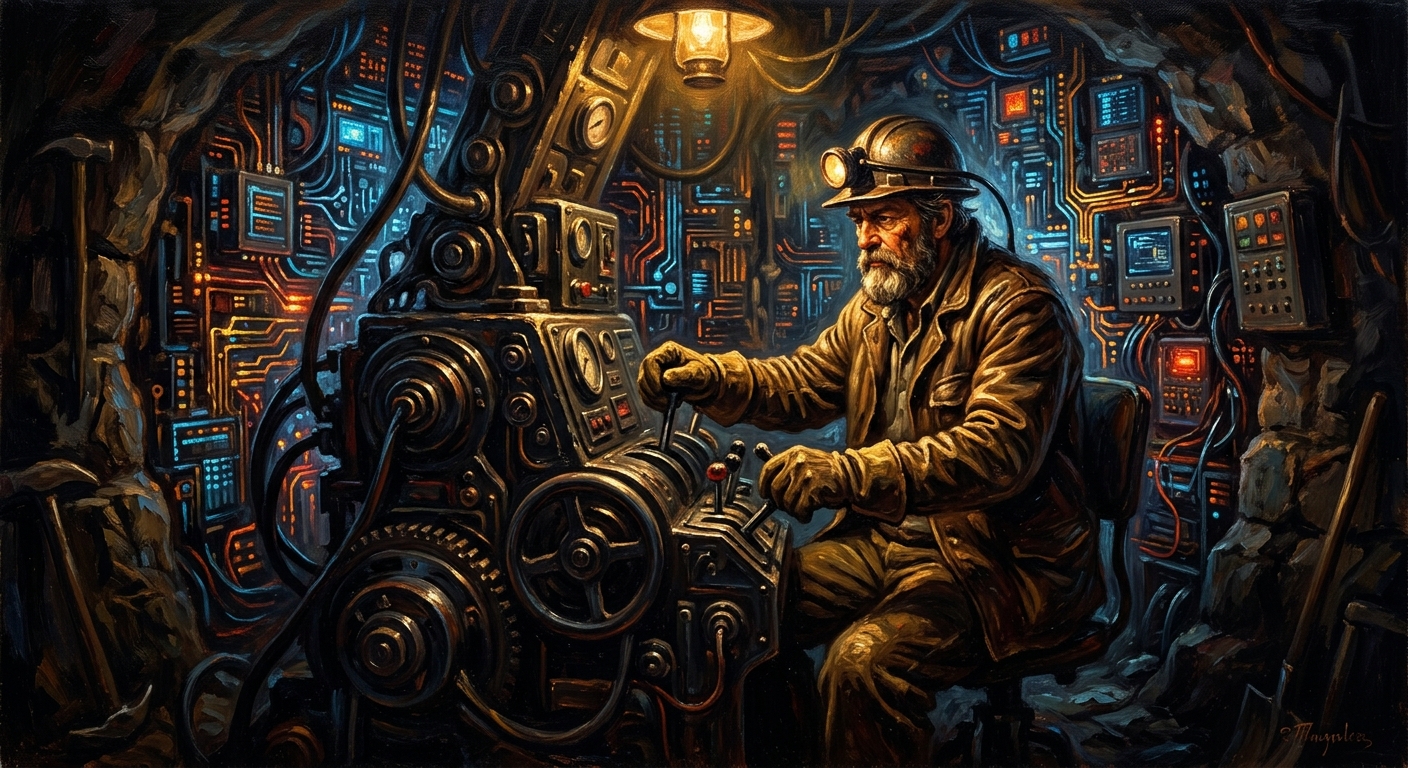 比特幣是什麼:2024年無國界數位黃金的全方位指南 礦工在數位迴路環繞的房間裡操作礦機的插畫