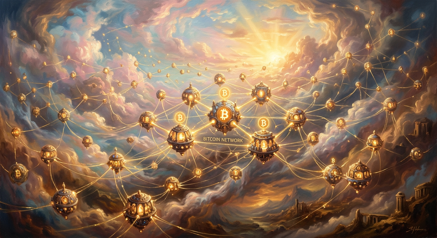 比特幣是什麼?解密數位黃金的去中心化價值與挖礦機制 比特幣的去中心化概念以互相連接的數位節點體現在空中