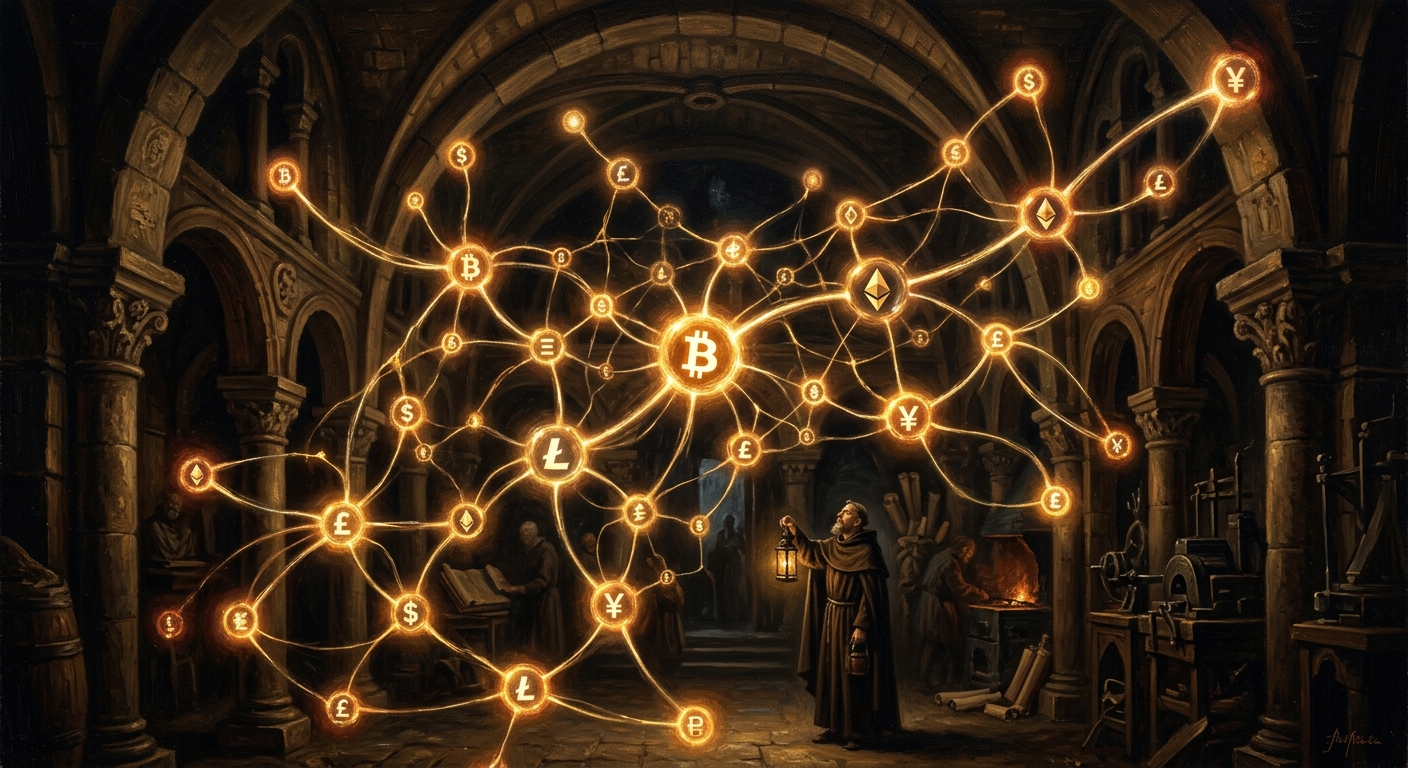 比特幣是什麼?深入解析 BTC 區塊鏈、挖礦、黃金稀缺性與投資風險 比特幣是什麼去中心化網路節點的插畫