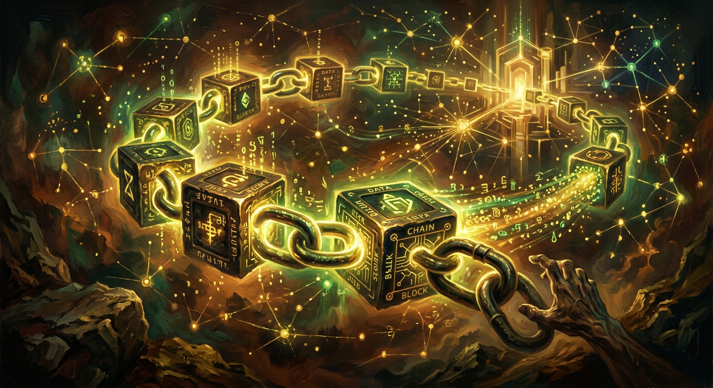 比特幣是什麼?去中心化金融革命的數位黃金入門 區塊鏈技術如何構成比特幣安全網路的插畫