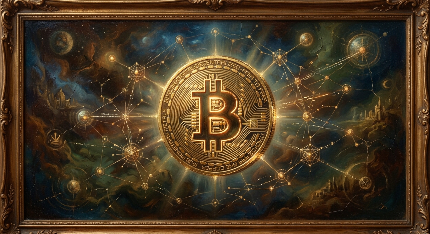 比特幣是什麼?BTC 數位黃金的定義、運作與投資全解析 比特幣 BTC 數位貨幣的中心圖示由網絡節點和線條環繞