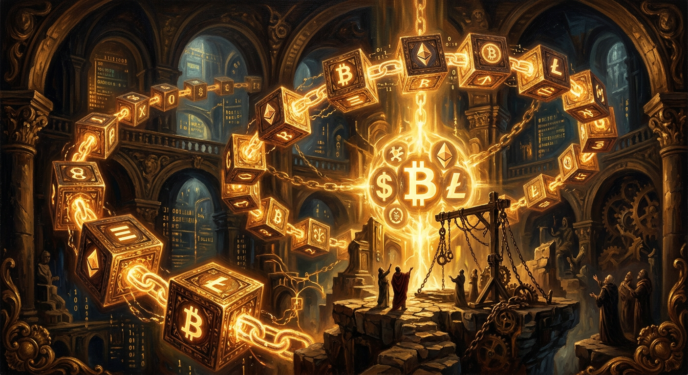 比特幣是什麼?探索加密貨幣的去中心化金融革命與價值主張 描繪比特幣區塊鏈技術的核心概念,由相互連接的區塊與數位貨幣符號構成