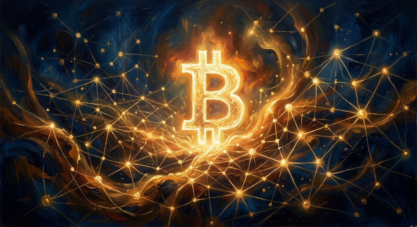 BTC 比特幣入門:從數位黃金到區塊鏈的價值解密 BTC 比特幣的數位象徵在抽象網絡中發光