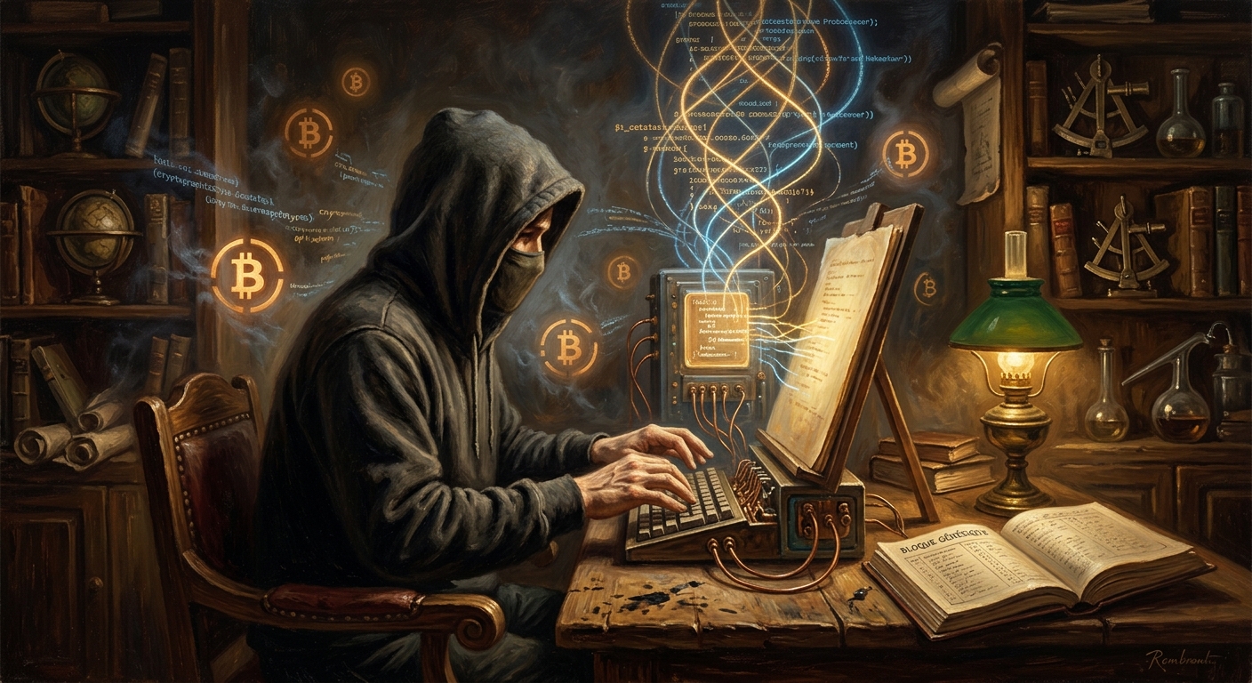 BTC 比特幣:解密數位黃金的去中心化世界與投資策略 神秘的比特幣創始人中本聰在充滿程式碼和比特幣符號的房間裡創建第一個區塊鏈的插畫