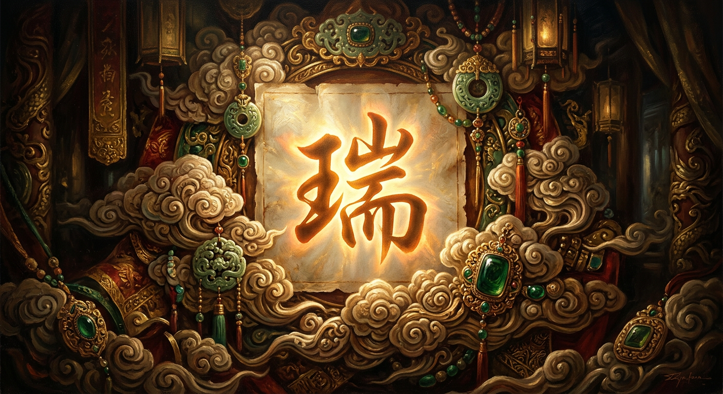 瑞昱(2379)做什麼 深入解析「瑞」字意涵與姓名學五行筆劃 瑞字書法藝術搭配祥雲與玉器,展現吉祥氛圍