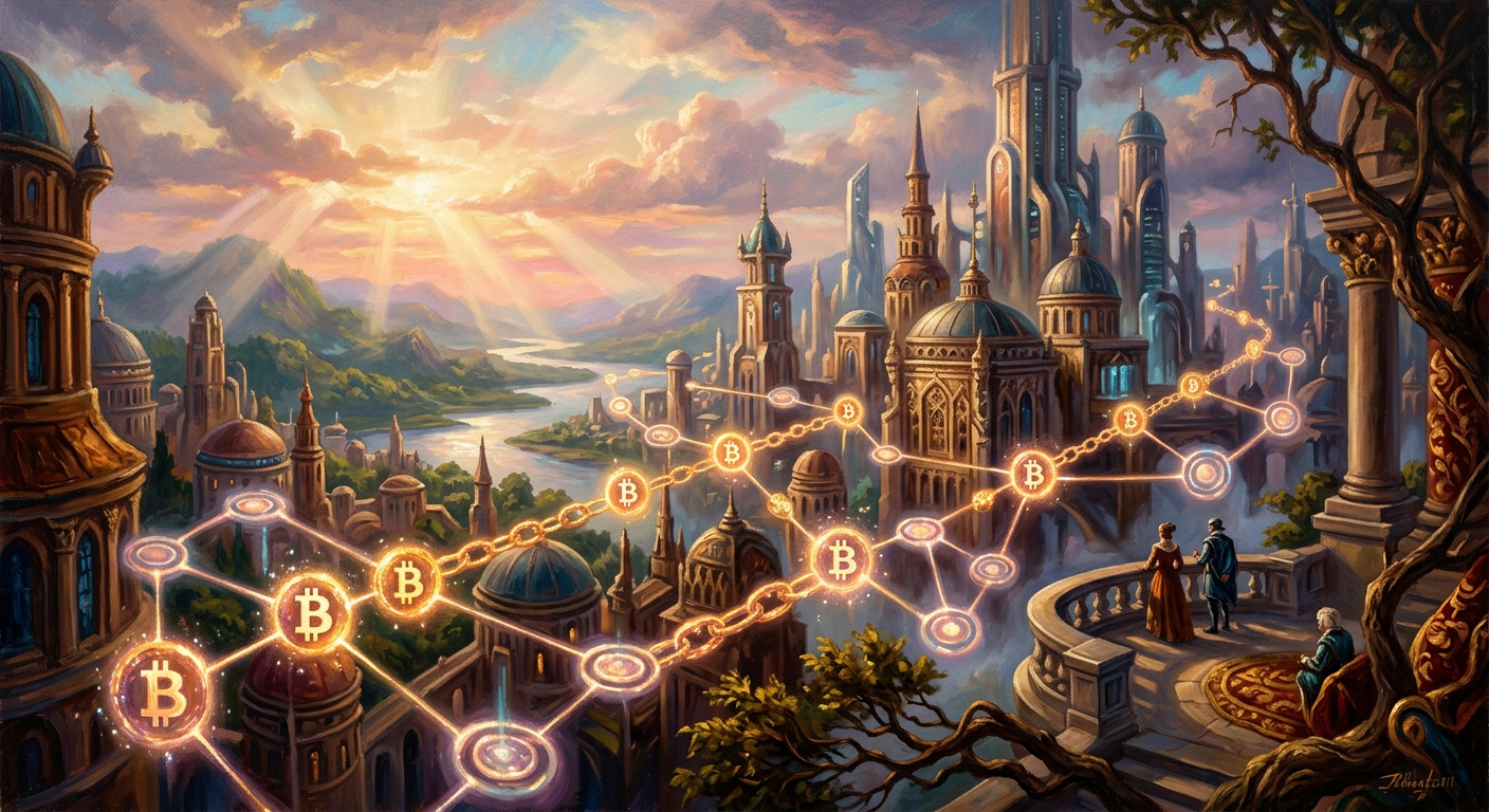 BTC 比特幣新手指南:3分鐘了解去中心化貨幣革命與區塊鏈運作 BTC 比特幣去中心化網路的數位插畫
