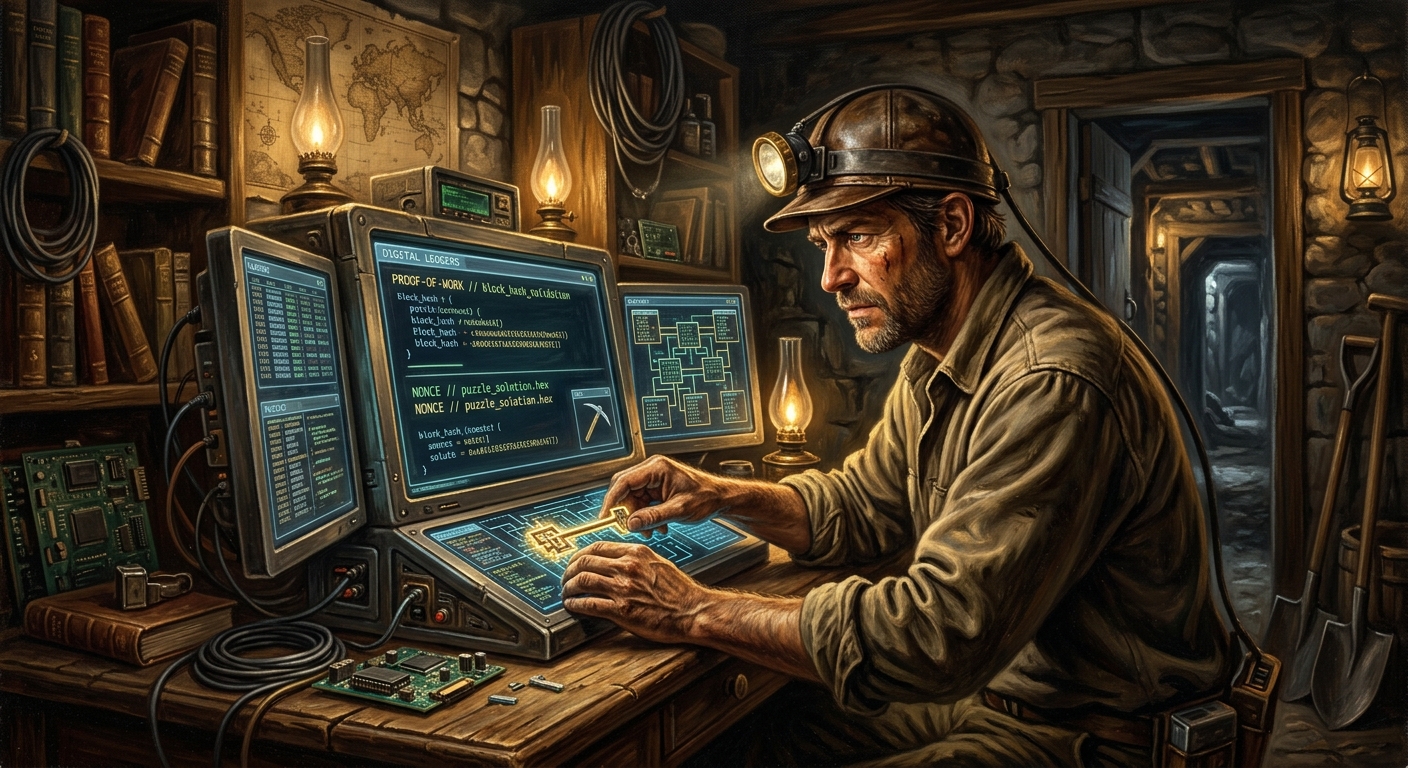 比特幣 BTC 是什麼?深入解析數位黃金的起源、運作與投資前景 礦工專注於電腦解決難題,展現比特幣挖礦過程的計算與獎勵