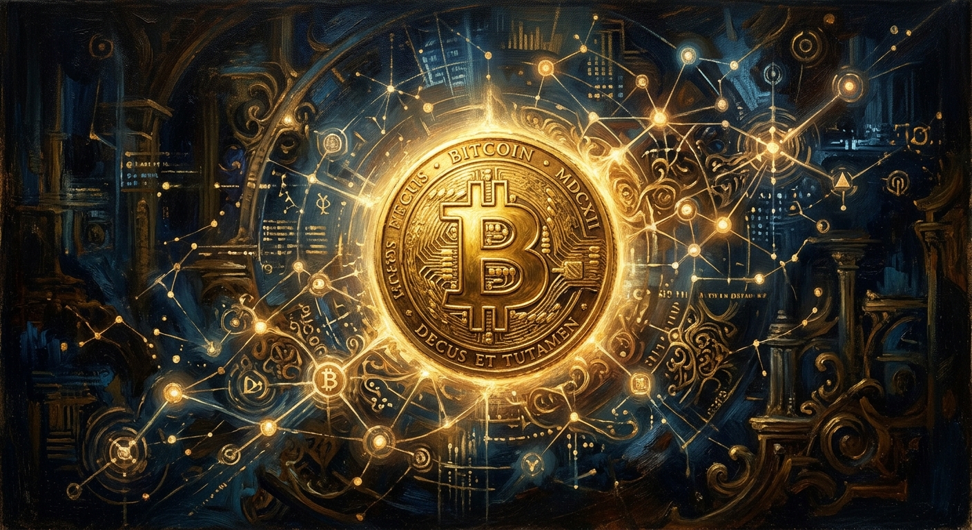 BTC 數位黃金:比特幣核心本質、區塊鏈運作與安全投資全解析 BTC 比特幣數位黃金的核心意象,閃耀的金色硬幣與網路節點