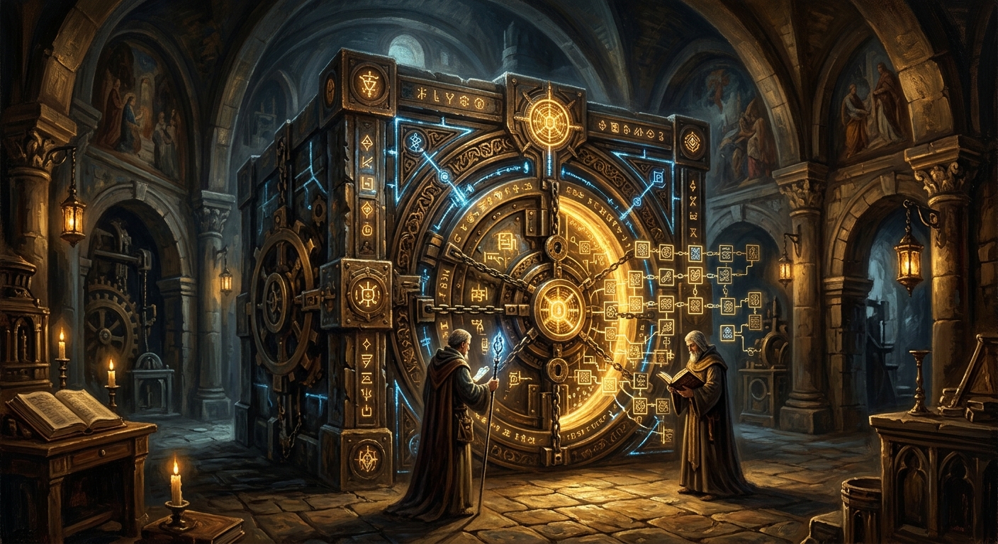 BTC 入門全指南 比特幣是什麼?如何購買與安全保管? 區塊鏈數據被保護在有複雜密碼學圖案的安全數位金庫中