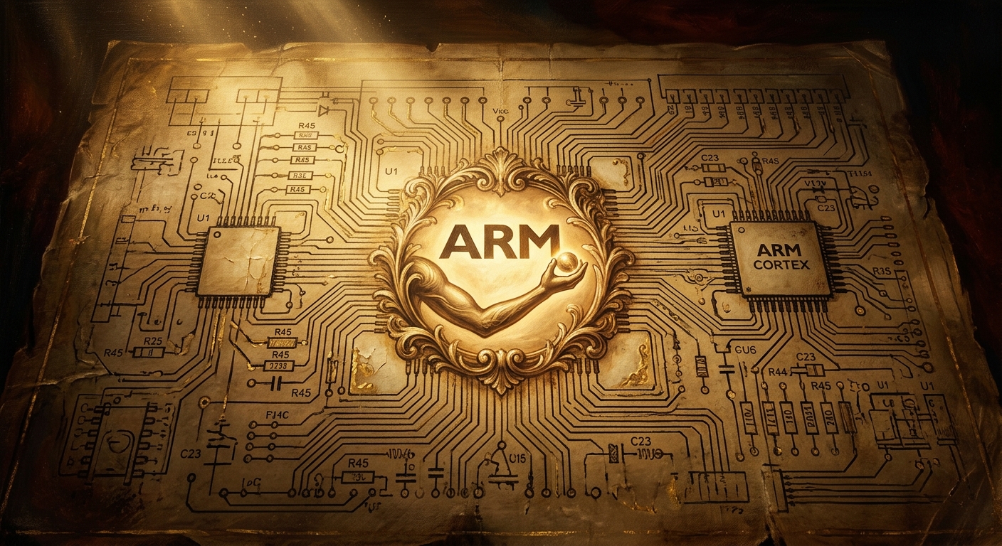 ARM美股做什麼?解析晶片架構之王Arm Holdings的獲利模式與AI時代的潛在風險 ARM美股做什麼解析,晶片架構藍圖的精細插畫