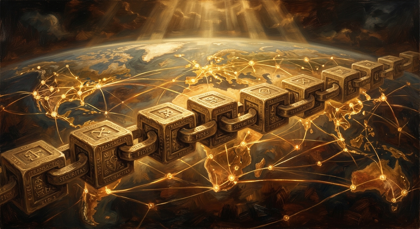 BTC 比特幣是什麼?新手必懂的數位黃金 3 分鐘入門指南 區塊鏈技術的運作示意圖,全球節點網絡與串聯的區塊展示了分散式帳本的透明與安全