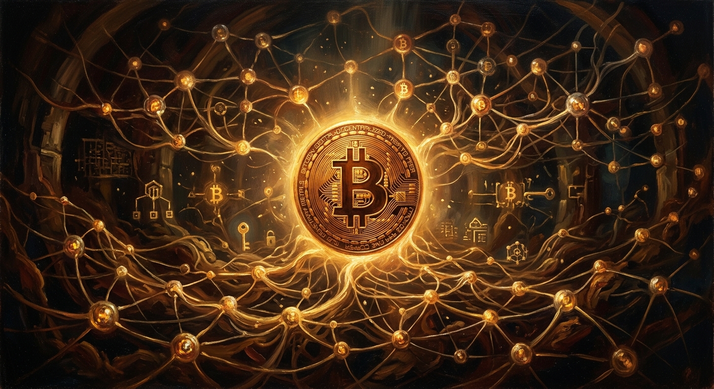 BTC 數位黃金解析:深入了解比特幣的去中心化機制、價值與安全 BTC 區塊鏈網路的中心發光比特幣硬幣,展現去中心化機制的複雜與連結