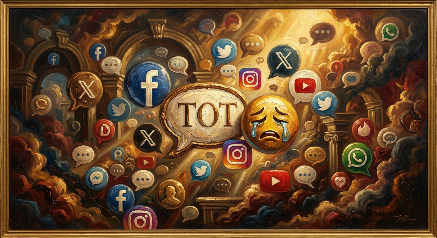 TOT 是什麼意思?解讀社群、職場、醫學多重含義與 TOT美股做什麼疑問 社群通訊中 T O T 表情符號與多樣訊息氣泡的生動數位插畫