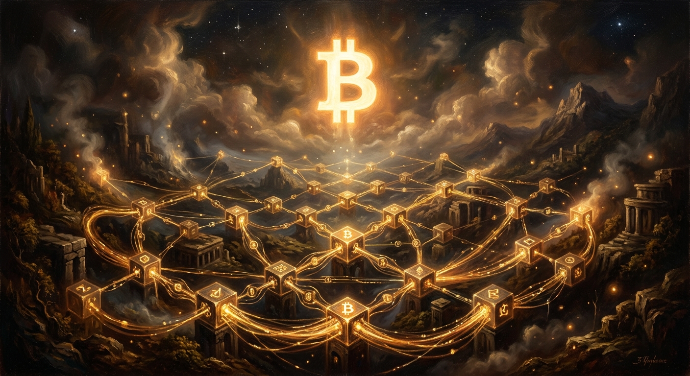 BTC 數位資產先驅:3 分鐘看懂比特幣是什麼、如何運作與價值來源 比特幣 BTC 符號在發光的區塊鏈網絡上漂浮