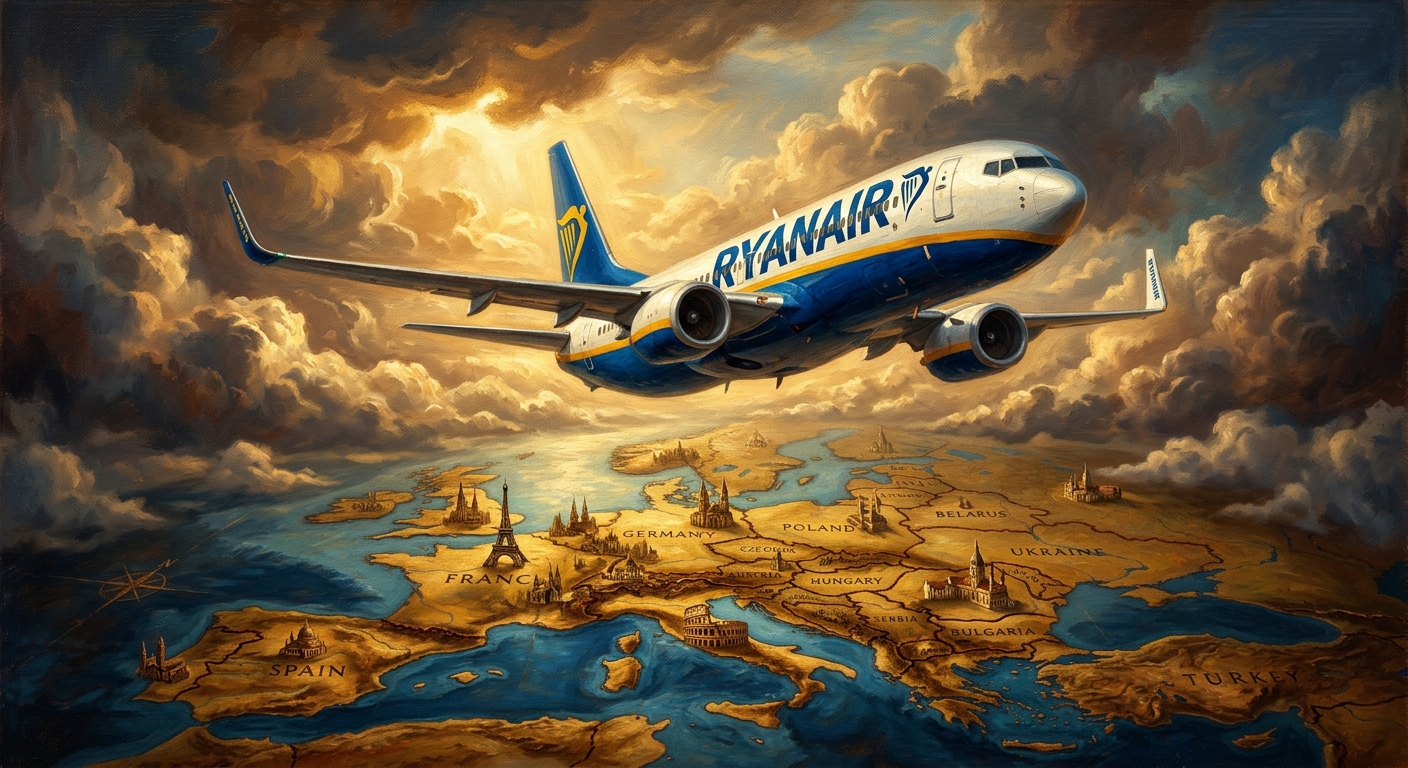 RYAAY美股做什麼?深入解析瑞安航空商業模式與投資前景 RYAAY美股做什麼的瑞安航空飛機飛行於歐洲上空的極簡風格平面設計