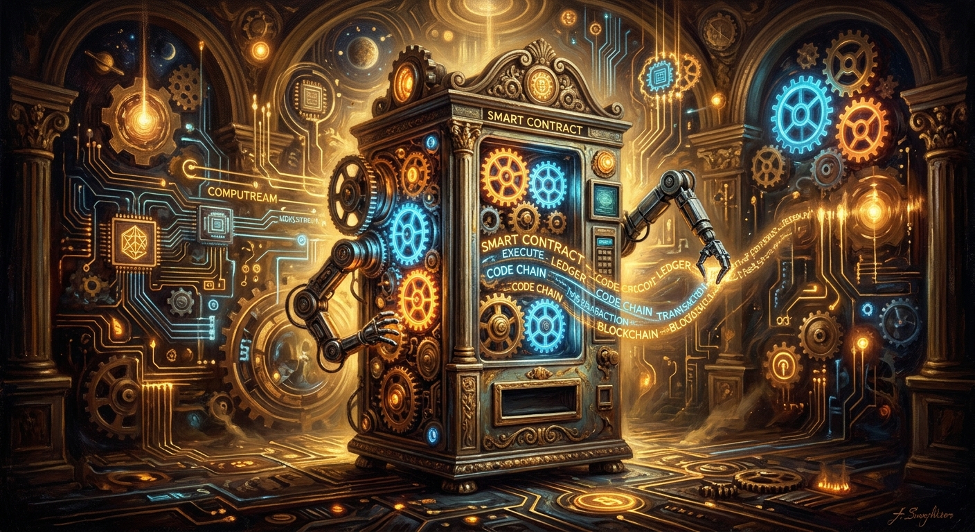 ETH 以太幣入門指南:從以太坊底層運作到投資佈局全解析 自動販賣機造型的智能合約正在自動化處理區塊鏈上的數位邏輯與程式碼執行